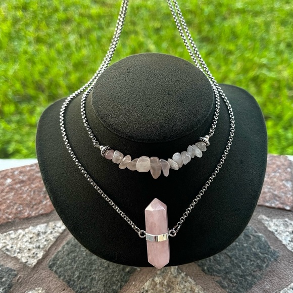 Handmade Double layer necklace rose quartz crystal gemstone boho choker - Picture 5 of 11